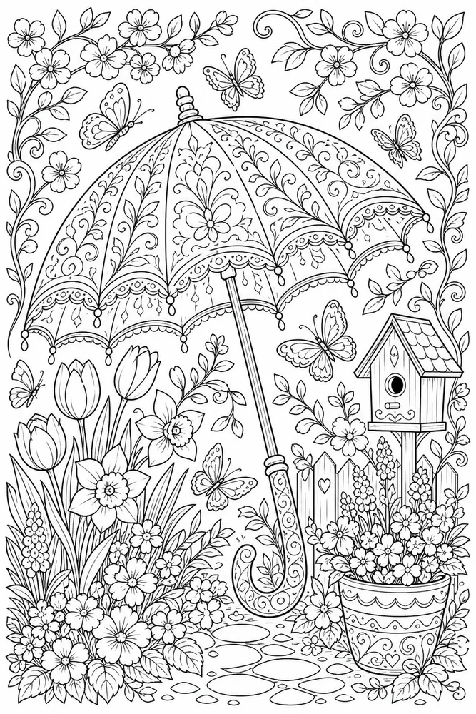 Adult Spring Decorative Umbrella Scene coloring page