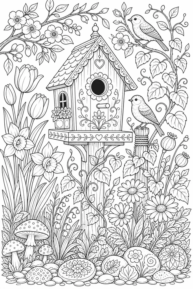 Adult Spring Detailed Birdhouse Garden coloring page
