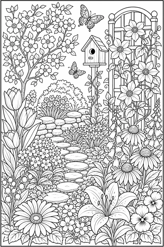 Adult Spring Detailed Flower Garden coloring page