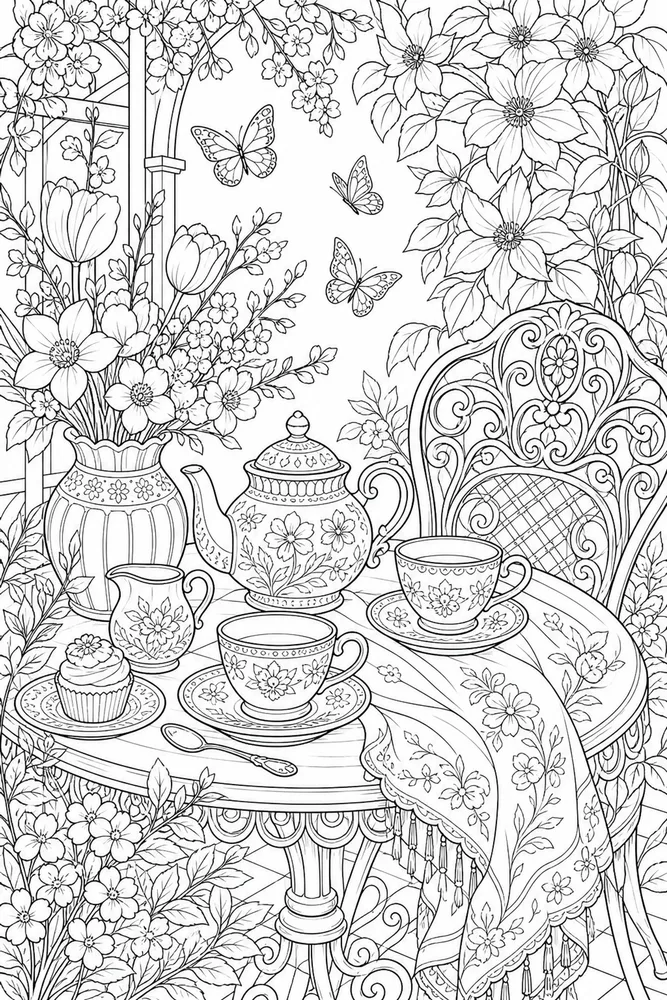 Adult Spring Floral Tea Table coloring page