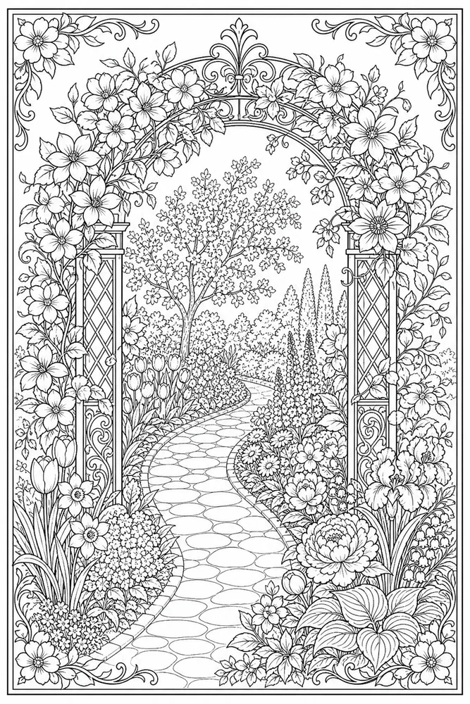 Adult Spring Garden Arch Path coloring page