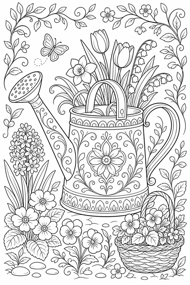Adult Spring Ornate Watering Can coloring page