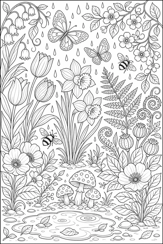 Adult Spring Rainy Garden Pattern coloring page