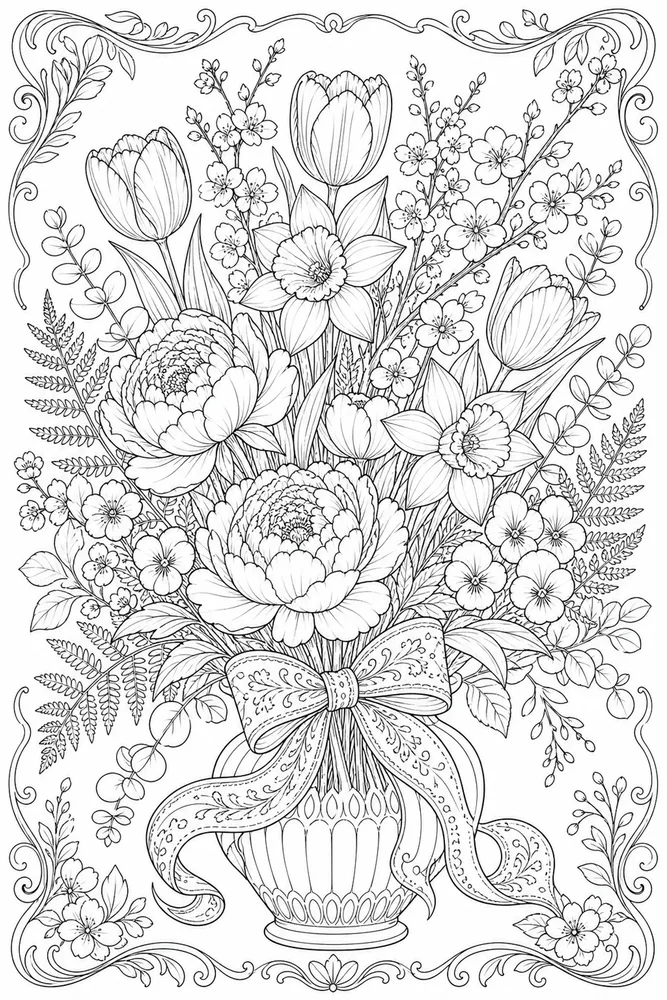 Adult Spring Spring Bouquet Arrangement coloring page