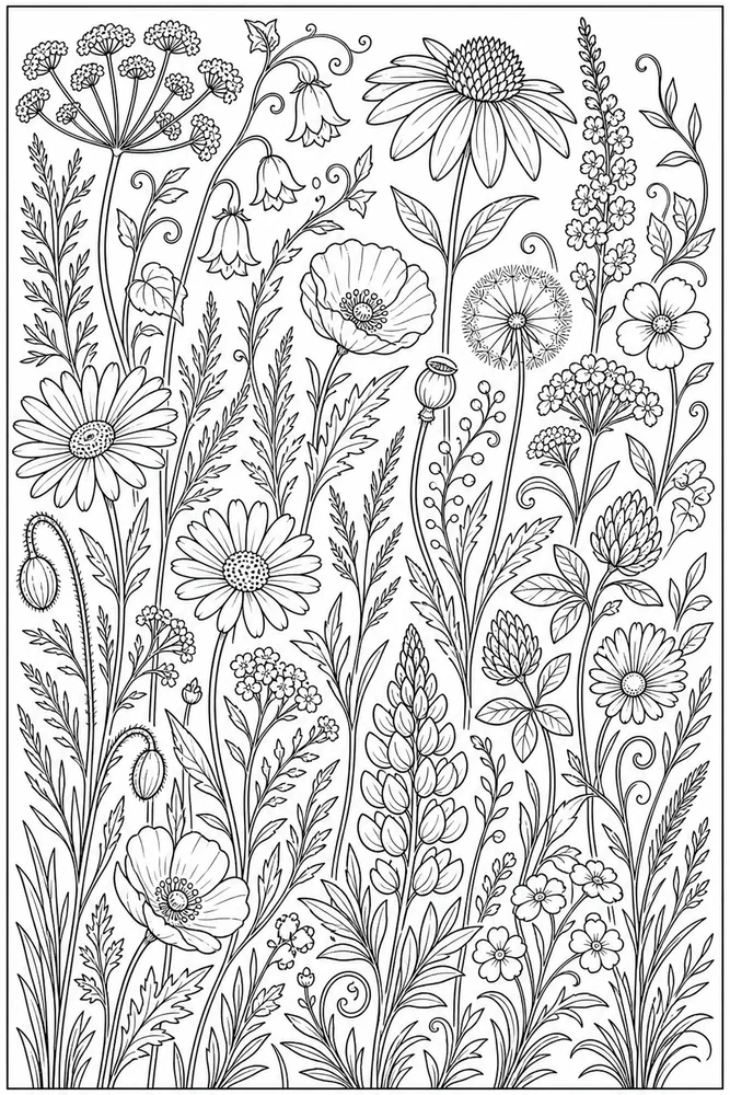 Adult Spring Wildflower Field Pattern coloring page