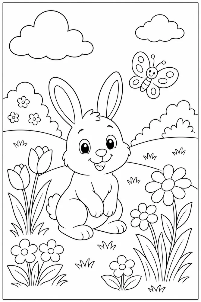 Easy Spring Easy Bunny Meadow coloring page
