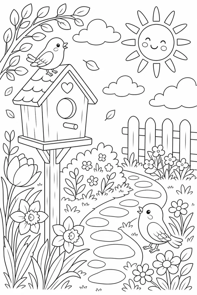 First Day Of Spring Birdhouse Morning coloring page