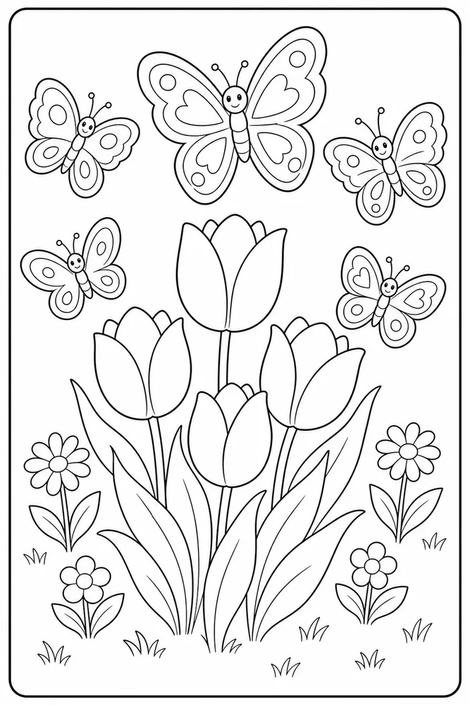 First Day Of Spring Butterflies Over Tulips coloring page