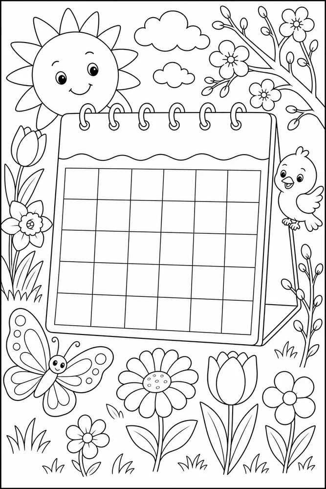 First Day Of Spring Calendar Page With Blank Squares coloring page