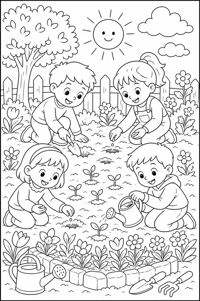 First Day Of Spring Children Planting Seeds coloring page