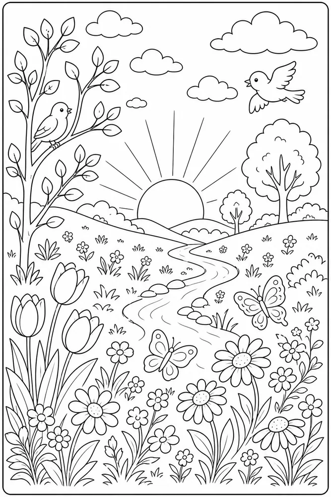 First Day Of Spring Equinox Sunrise Meadow coloring page