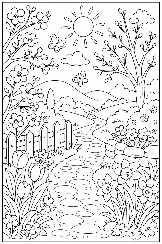First Day Of Spring Coloring Pages preview: First Day Of Spring First Blossoms Path Without Text coloring page