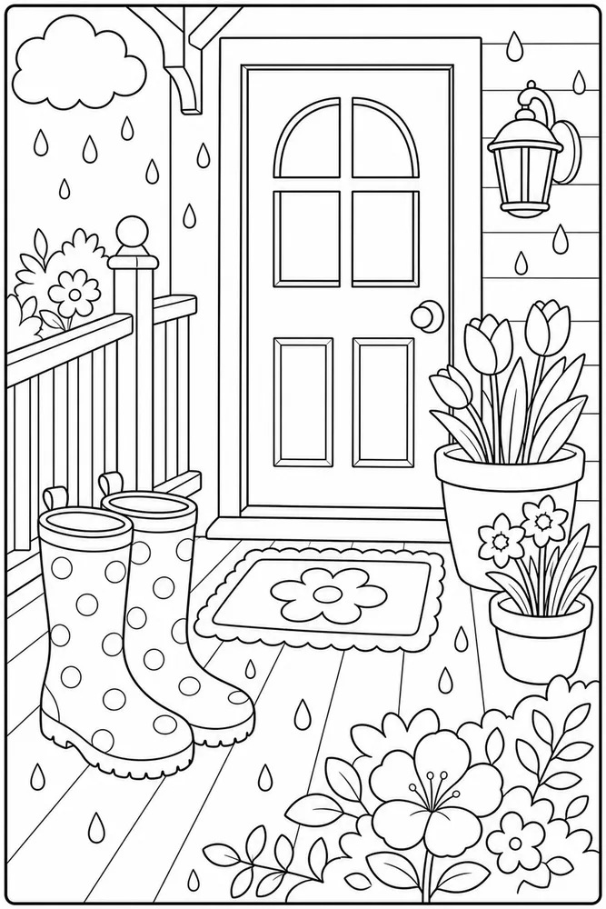 First Day Of Spring Rain Boots By Door coloring page