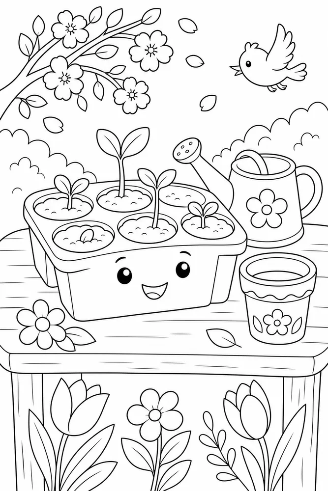 First Day Of Spring Seedling Tray On Table coloring page