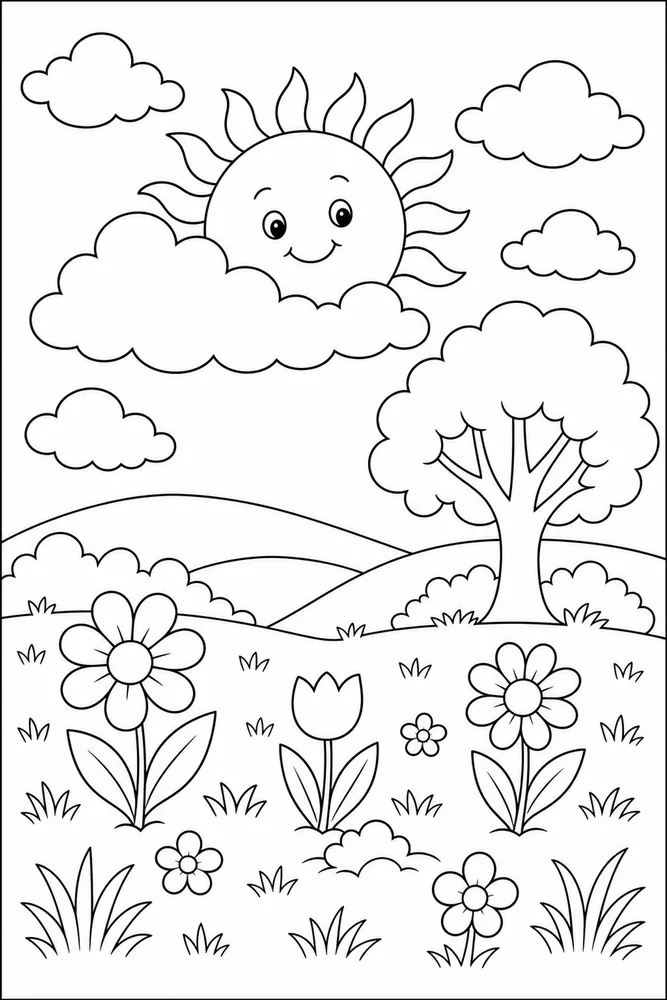 First Day Of Spring Sun And Clouds Meadow coloring page