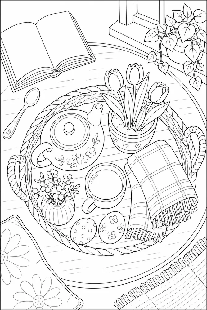 Hello Spring Hello spring cozy indoor moment coloring page