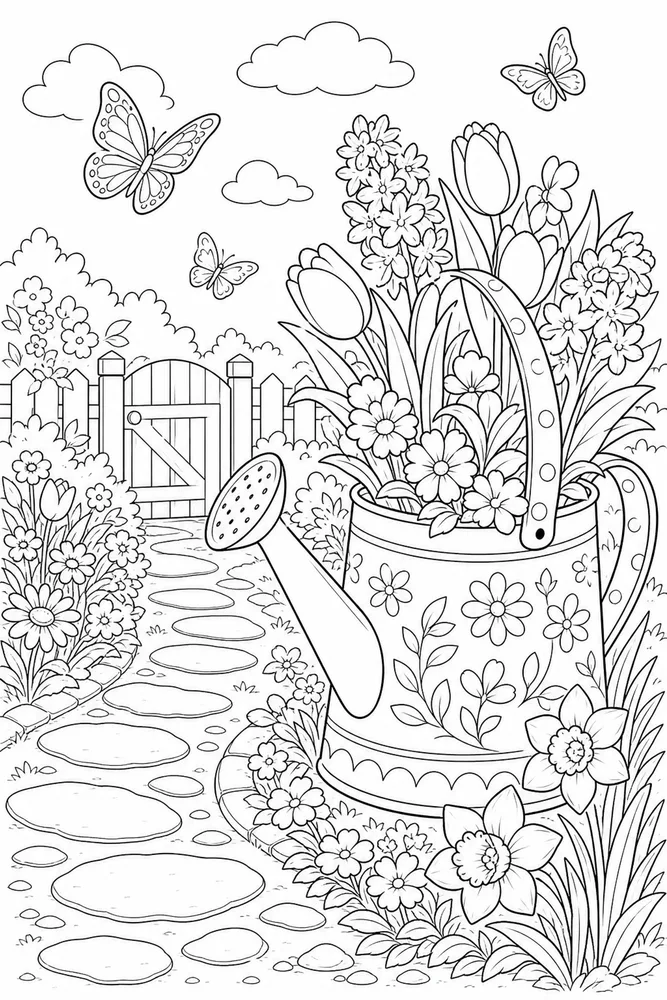 Hello Spring Hello spring garden setting coloring page