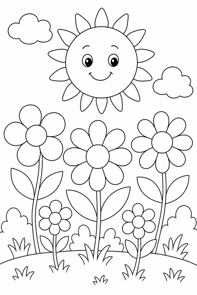 Preschool Spring Coloring Pages preview: Preschool Spring Big Sun And Flowers coloring page