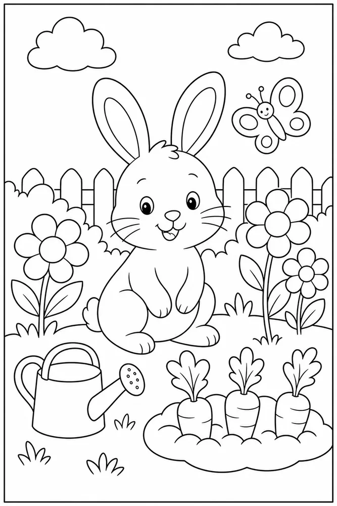 Preschool Spring Easy Bunny Garden coloring page