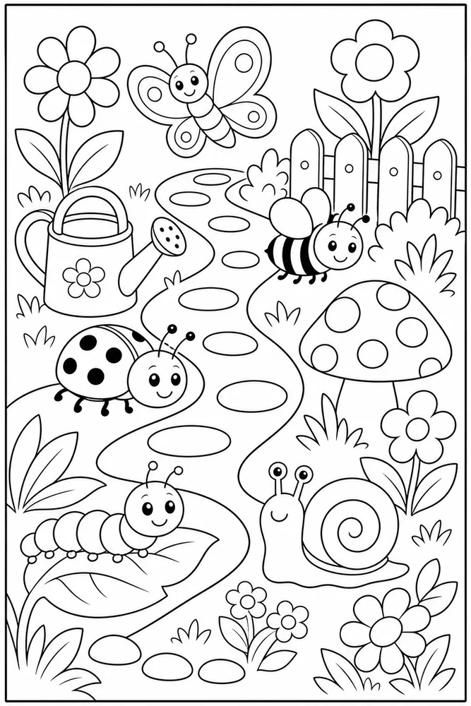 Preschool Spring Garden Bug Path coloring page