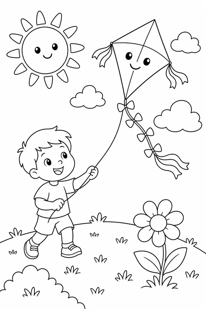 Preschool Spring Kite In Sky coloring page