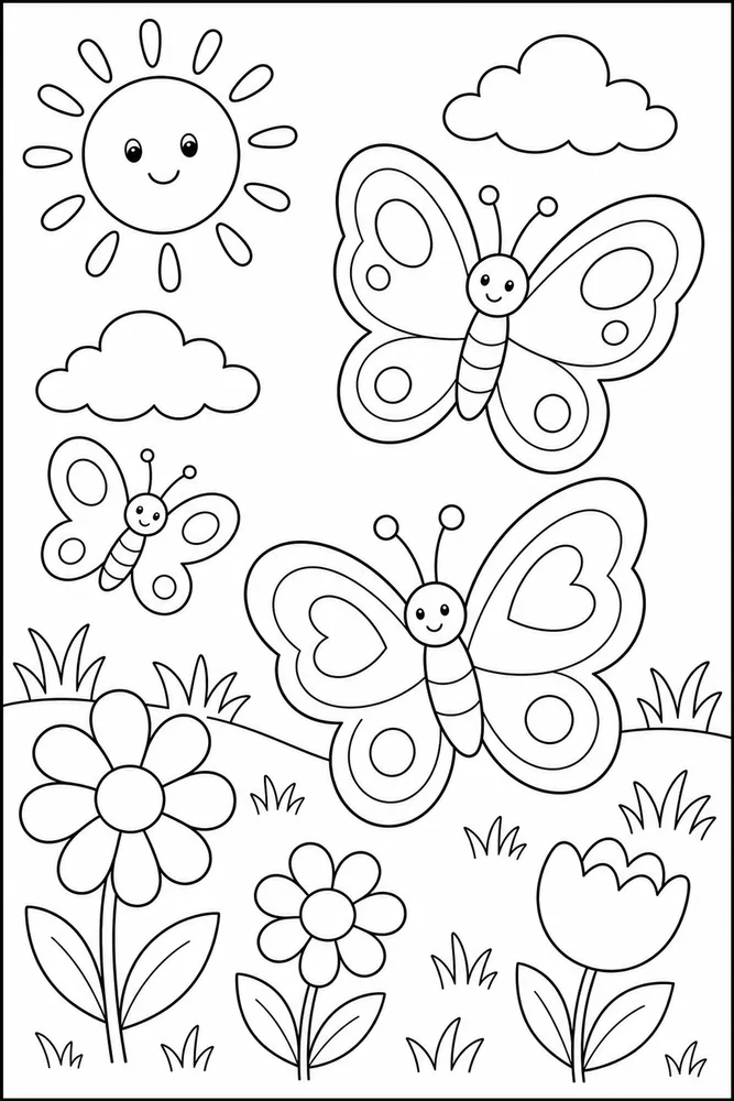 Preschool Spring Large Butterfly Meadow coloring page