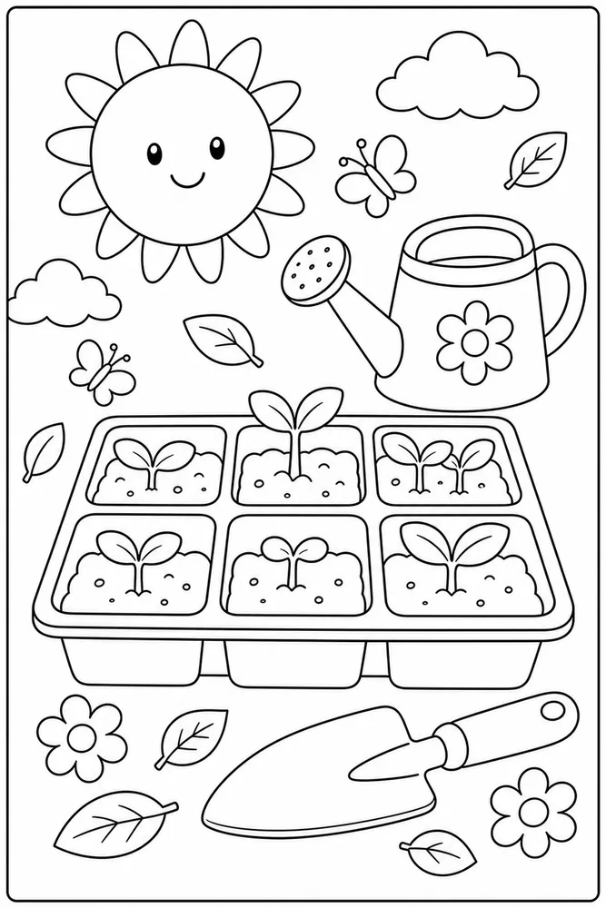 Preschool Spring Seedling Tray coloring page