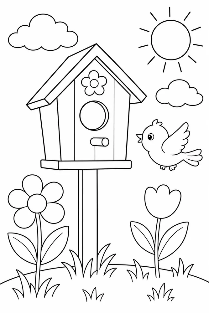 Preschool Spring Simple Birdhouse coloring page