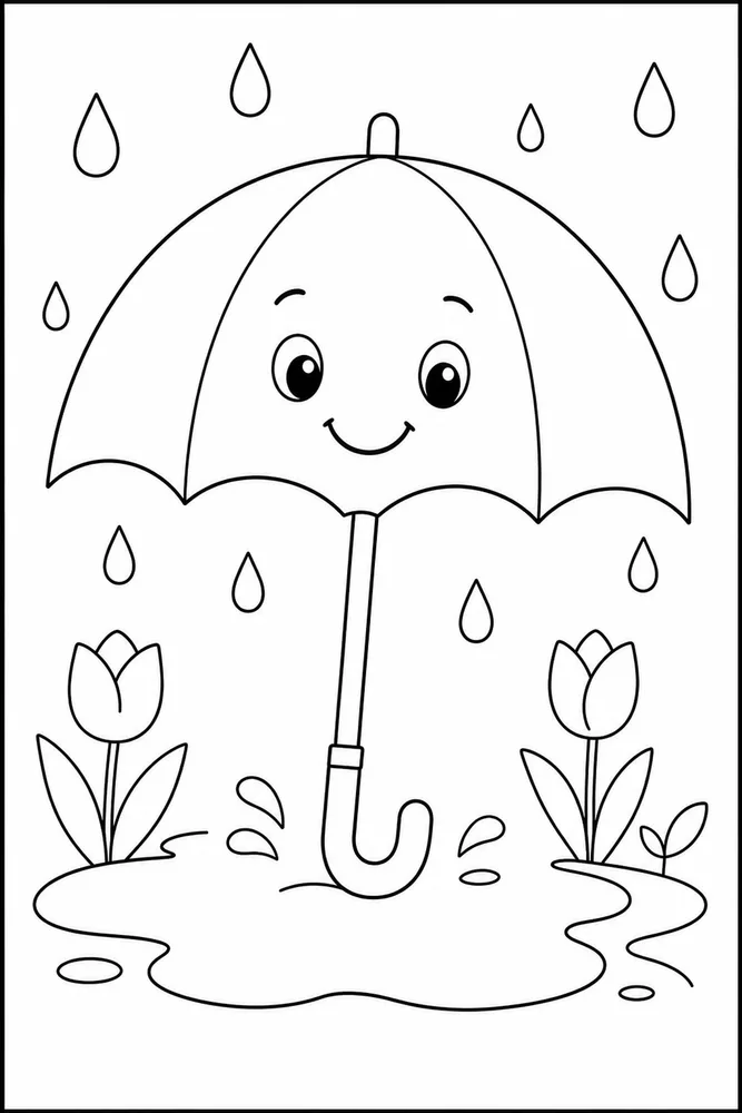 Preschool Spring Simple Umbrella Puddle coloring page