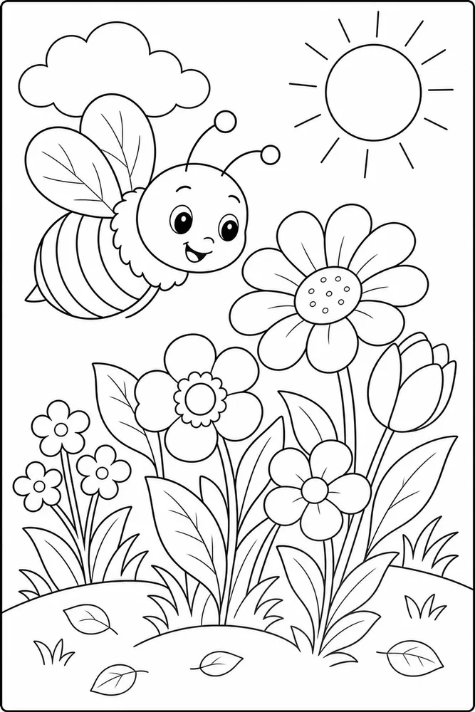 Spring Animals Bee Flower Patch coloring page