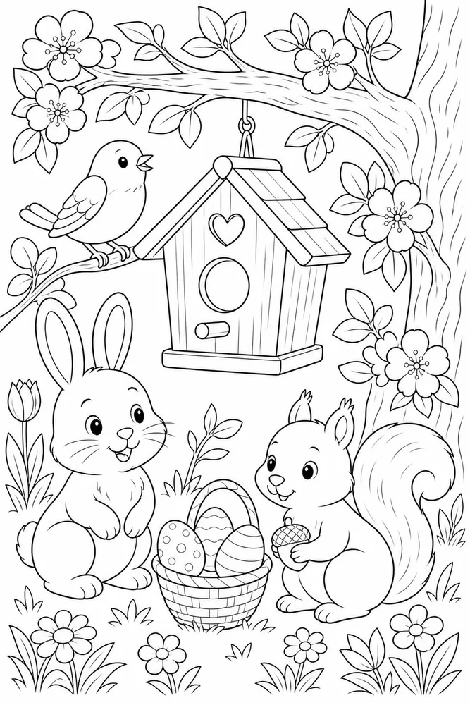 Spring Animals Birdhouse Branch coloring page