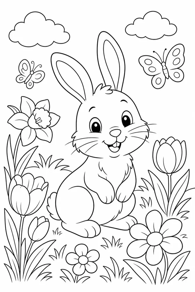 Spring Animals Coloring Pages preview: Spring Animals Bunny Flower Meadow coloring page