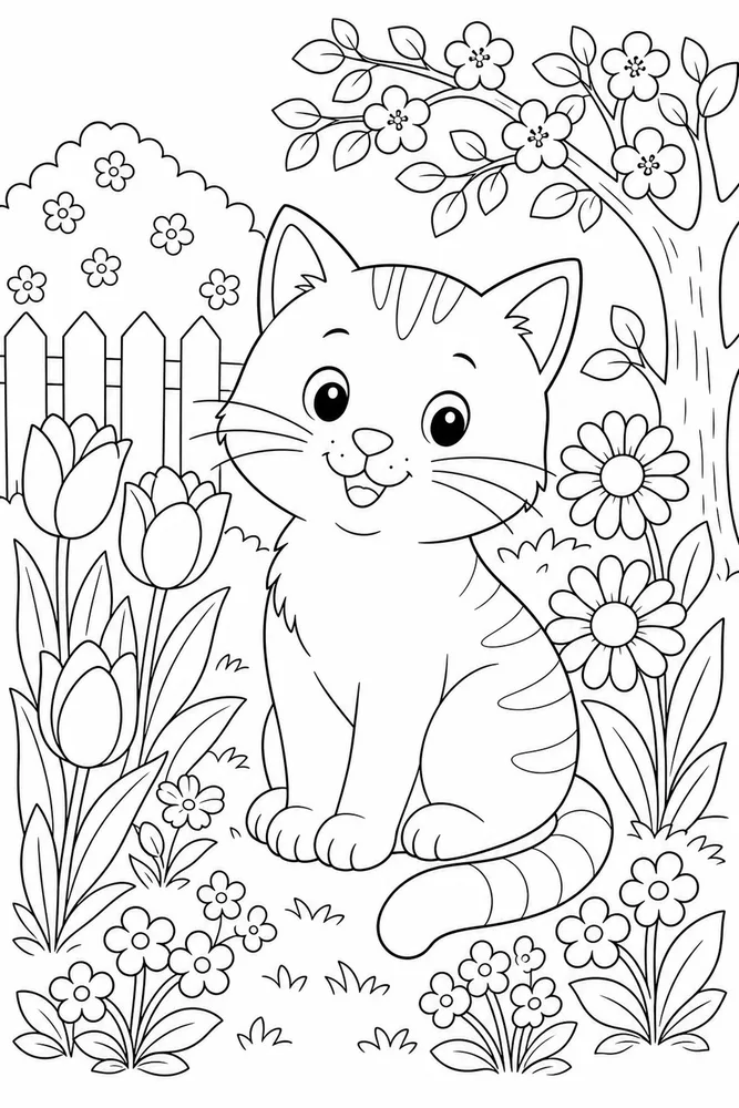 Spring Animals Cat With Spring Flowers coloring page