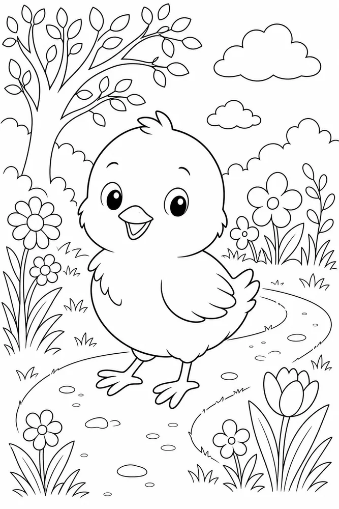 Spring Animals Chick Grass Path coloring page