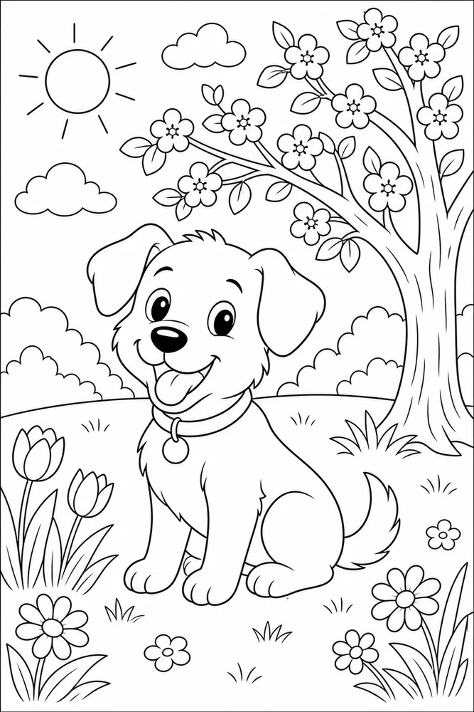 Spring Animals Dog In Spring Park coloring page