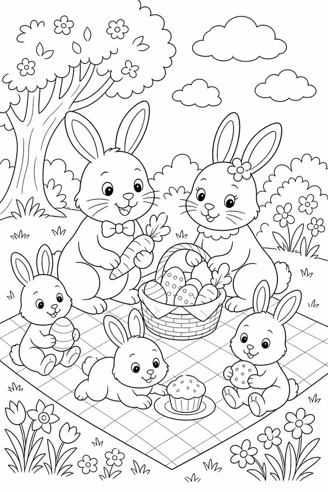 Spring Animals Rabbit Family Picnic coloring page