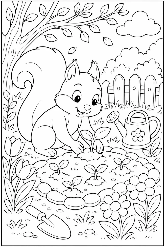 Spring Animals Squirrel Seedling Garden coloring page