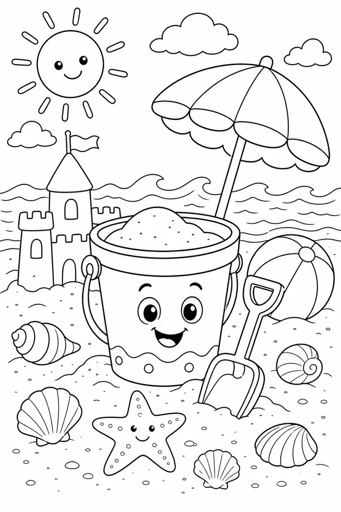 Spring Break Coloring Pages preview: Spring Break Beach Bucket Vacation coloring page