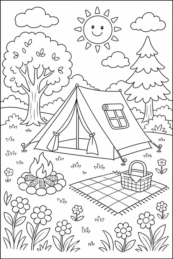 Spring Break Camping Tent Meadow coloring page