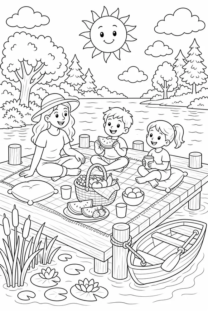 Spring Break Lake Dock Picnic coloring page