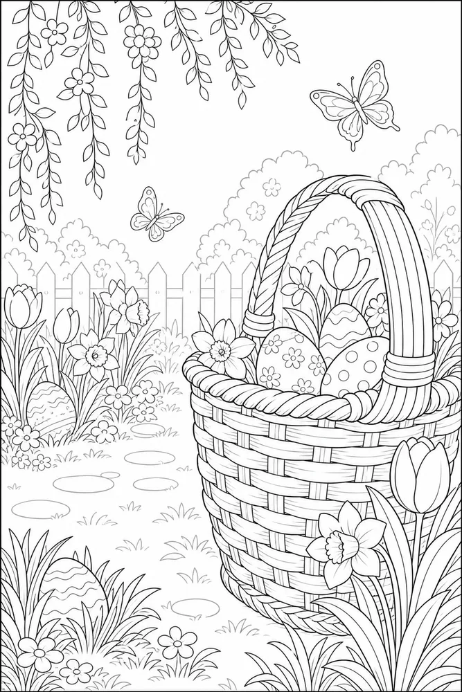 Spring Easter Spring easter garden setting coloring page