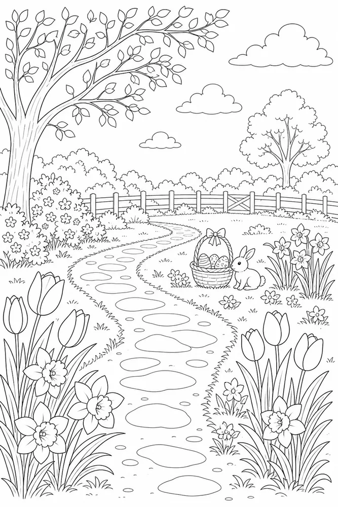 Spring Easter Spring easter outdoor path coloring page