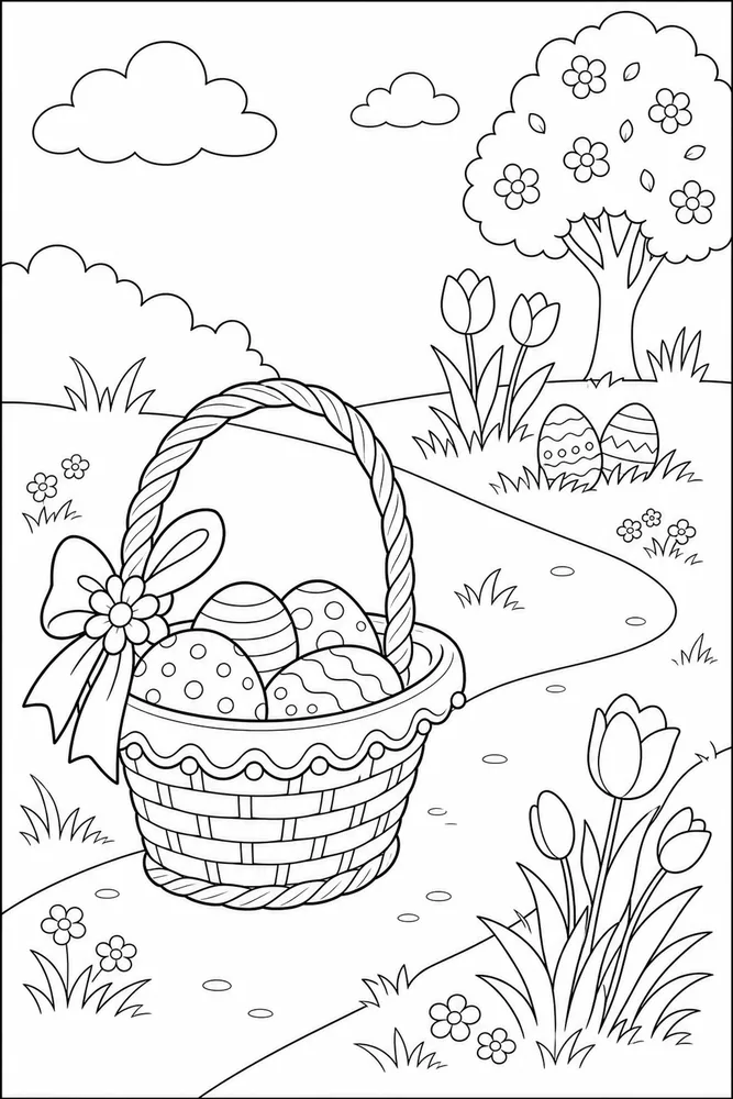 Spring Easter Spring easter simple scene coloring page