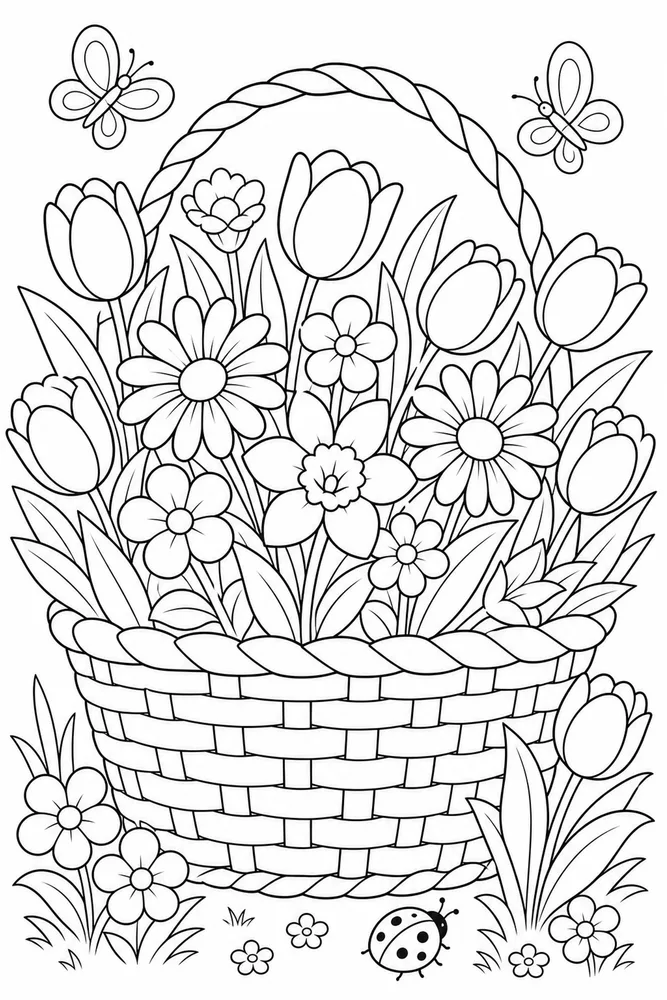 Spring Flowers Basket Of Blossoms coloring page