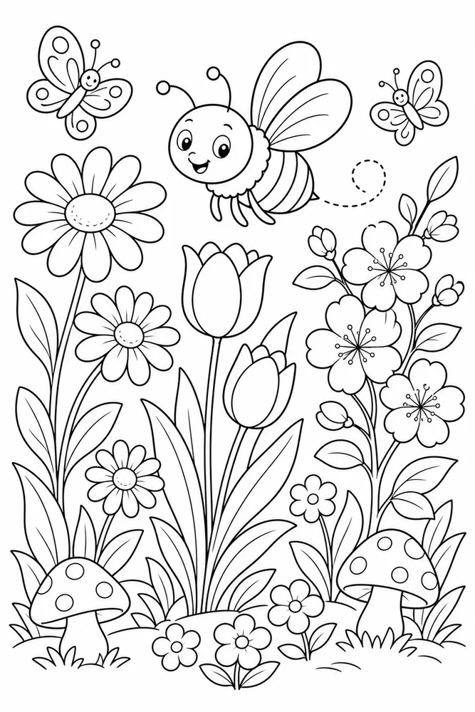 Spring Flowers Bee Flower Patch coloring page
