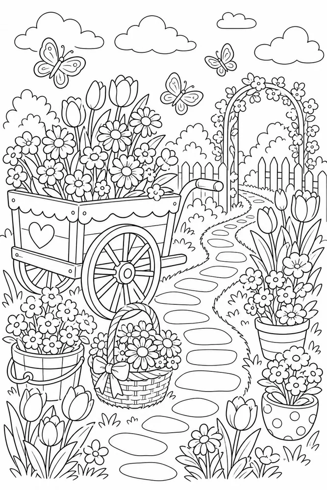 Spring Flowers Flower Cart Path coloring page