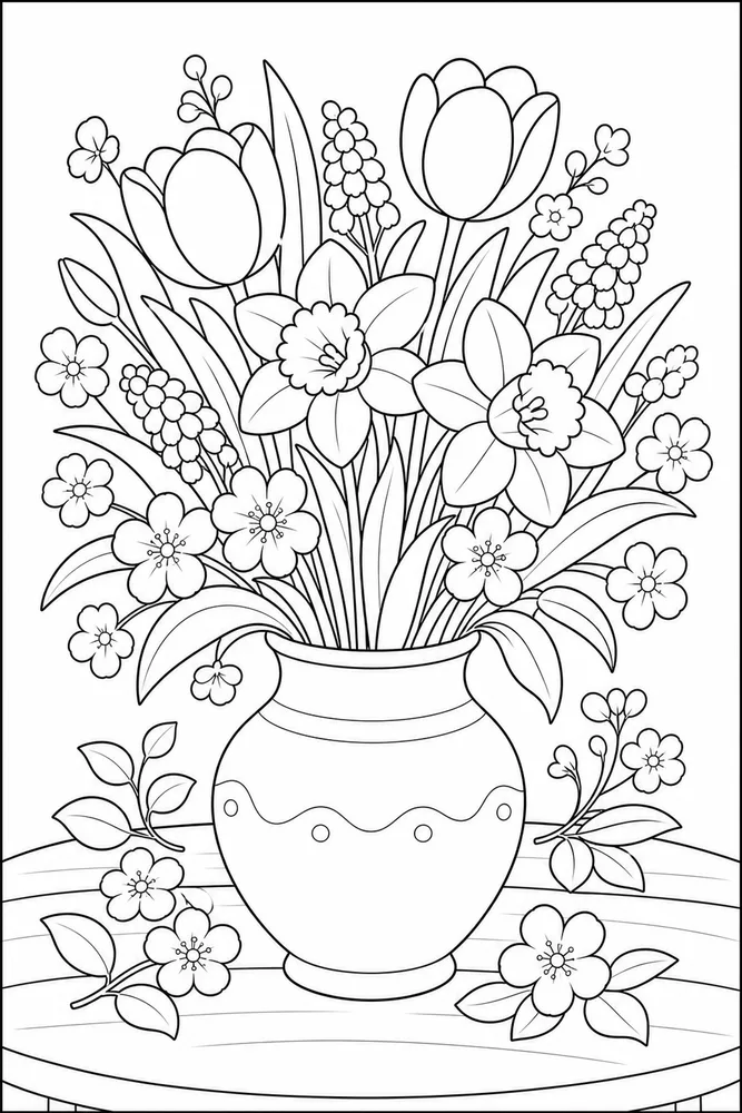 Spring Flowers Fresh Bouquet Table coloring page