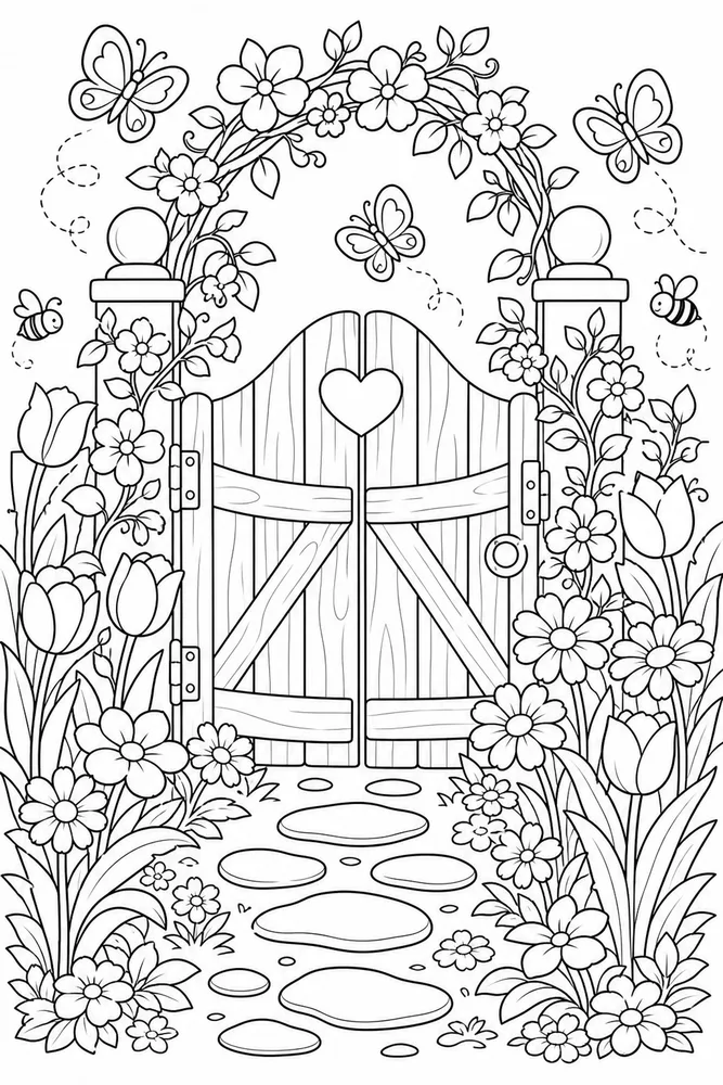 Spring Flowers Garden Gate Blooms coloring page