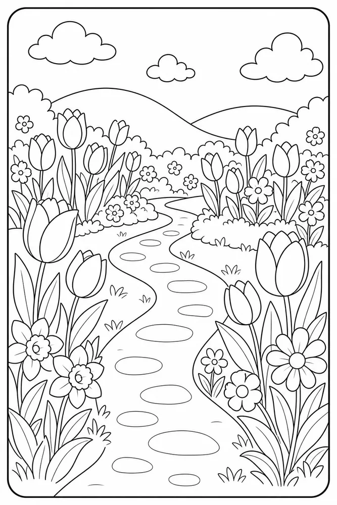 Spring Flowers Coloring Pages preview: Spring Flowers Spring Tulip Path coloring page