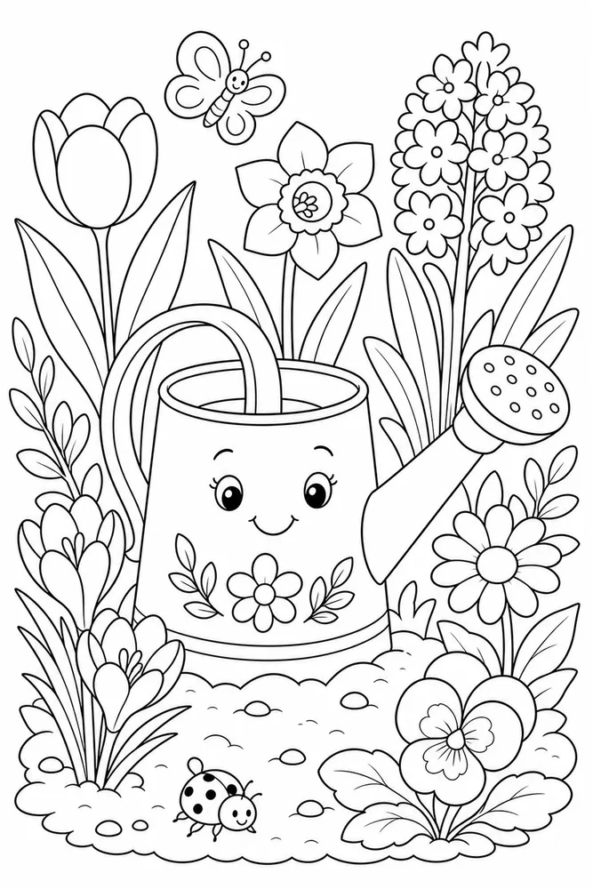 Spring Flowers Watering Can Garden coloring page